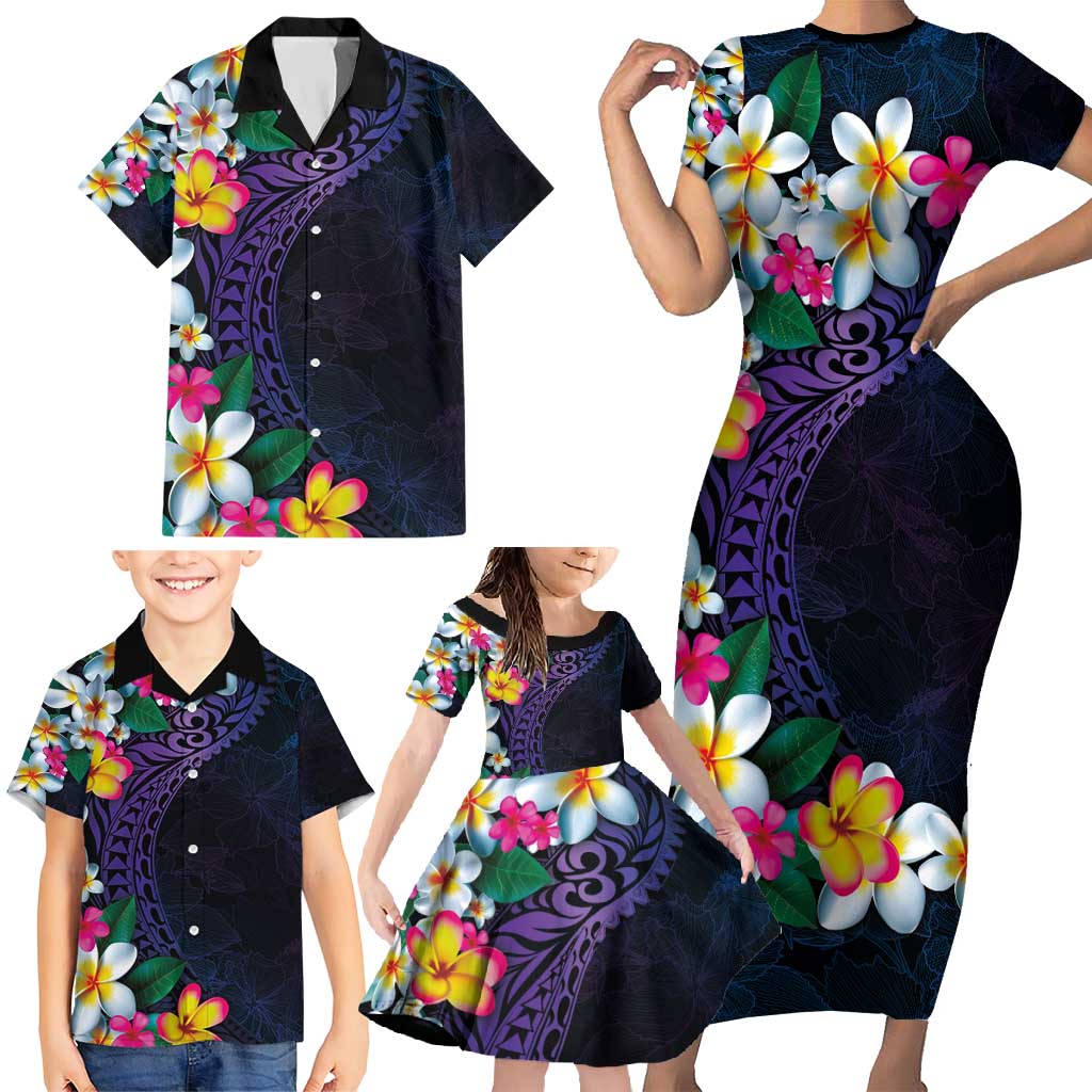 Hawaiian Plumeria-Polynesian Art Tattoo Frosted Blue Violet Color Family Matching Short Sleeve Bodycon Dress and Hawaiian Shirt LT03 - Polynesian Pride