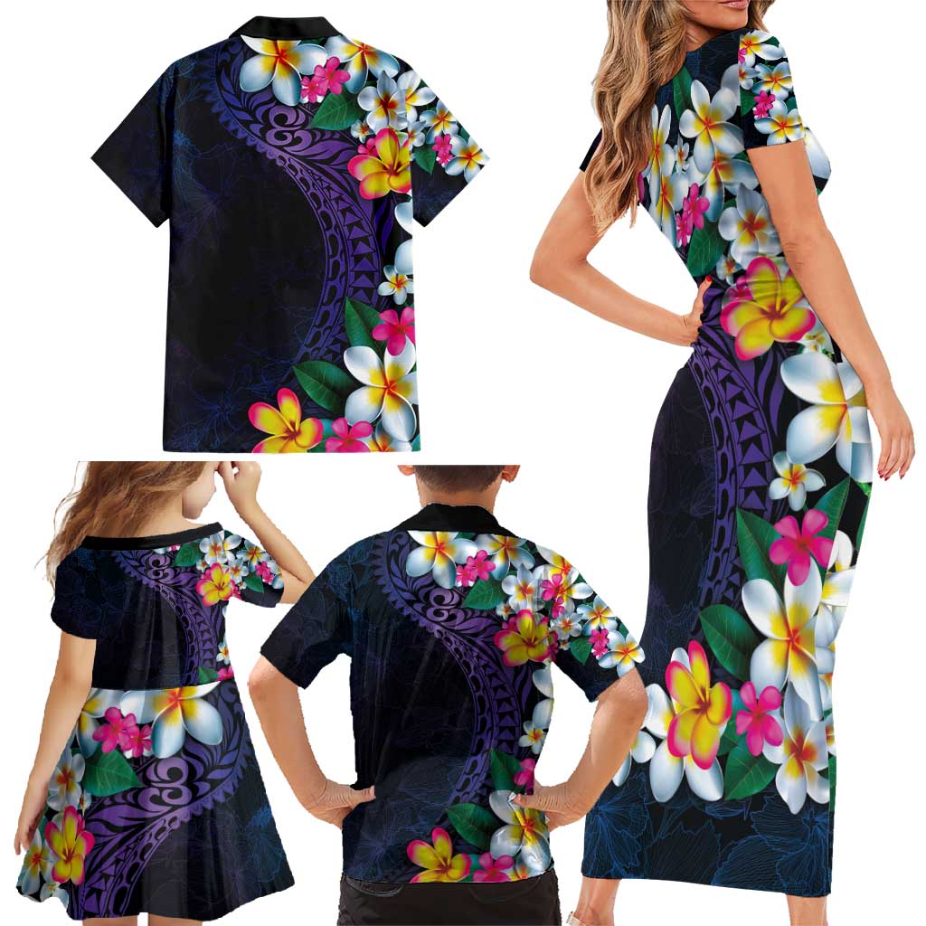 Hawaiian Plumeria-Polynesian Art Tattoo Frosted Blue Violet Color Family Matching Short Sleeve Bodycon Dress and Hawaiian Shirt LT03 - Polynesian Pride