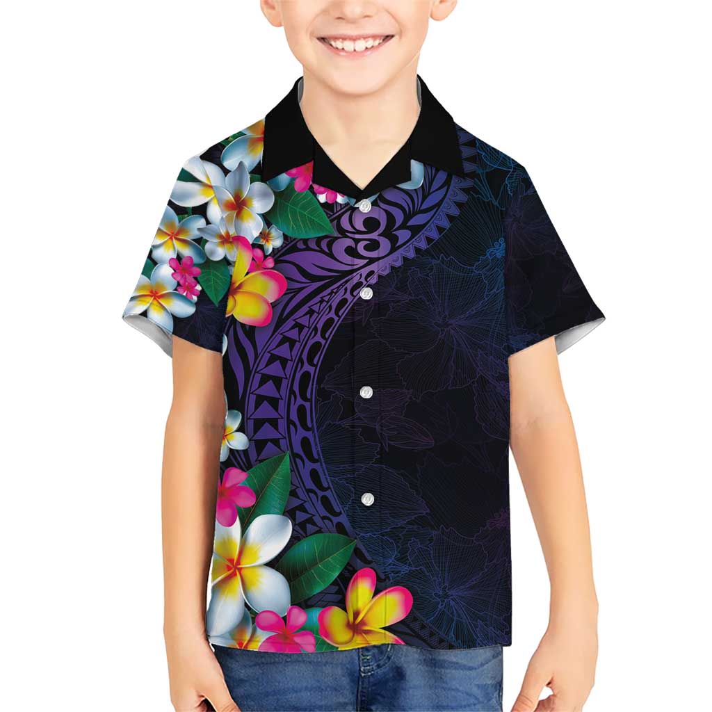 Hawaiian Plumeria-Polynesian Art Tattoo Frosted Blue Violet Color Kid Hawaiian Shirt LT03 Kid Blue - Polynesian Pride