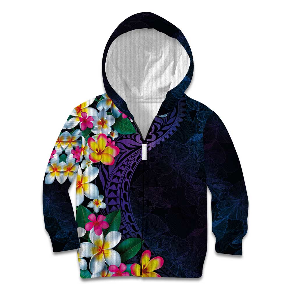 Hawaiian Plumeria-Polynesian Art Tattoo Frosted Blue Violet Color Kid Hoodie LT03 Zip Hoodie Blue - Polynesian Pride