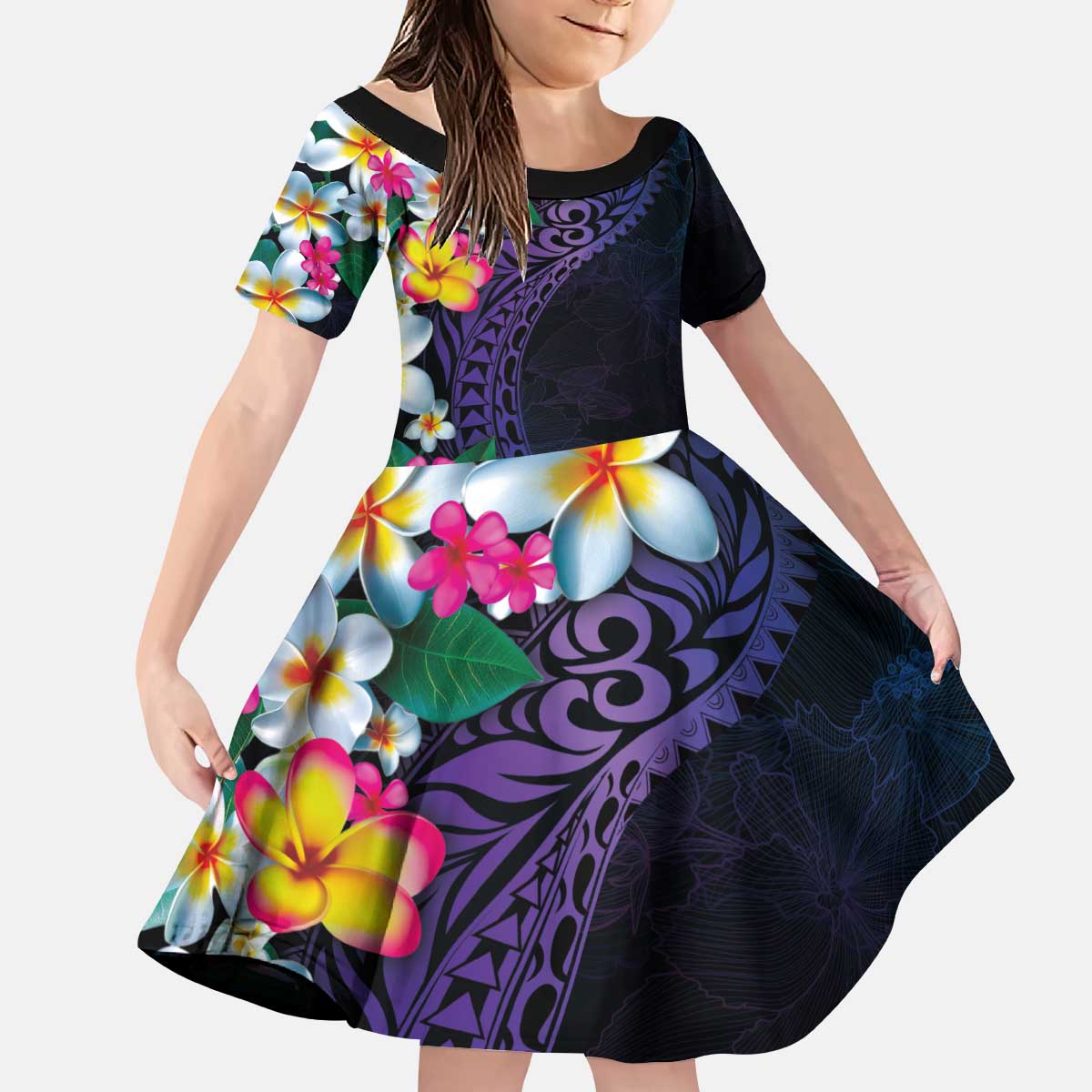 Hawaiian Plumeria-Polynesian Art Tattoo Frosted Blue Violet Color Kid Short Sleeve Dress LT03 KID Blue - Polynesian Pride