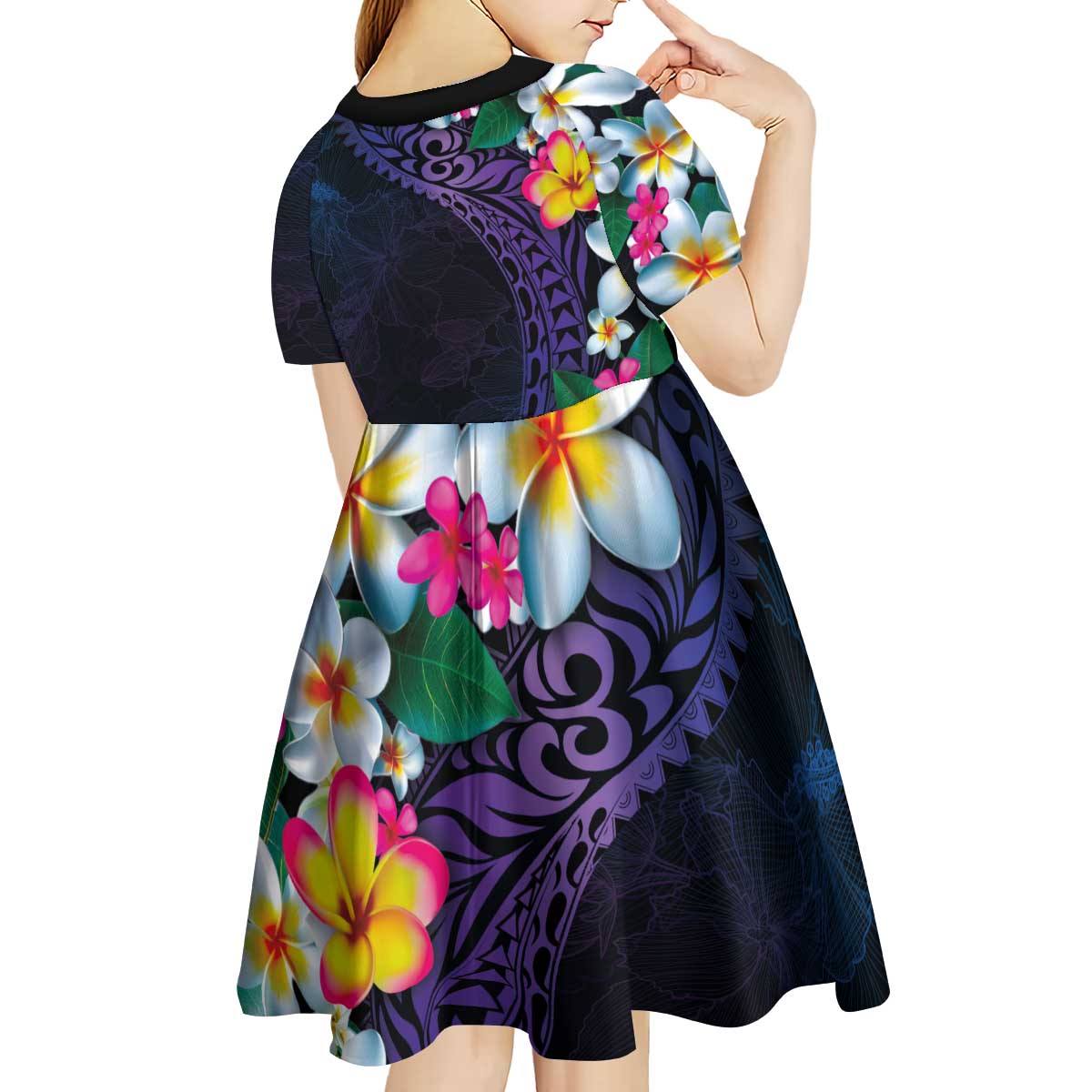Hawaiian Plumeria-Polynesian Art Tattoo Frosted Blue Violet Color Kid Short Sleeve Dress LT03 - Polynesian Pride