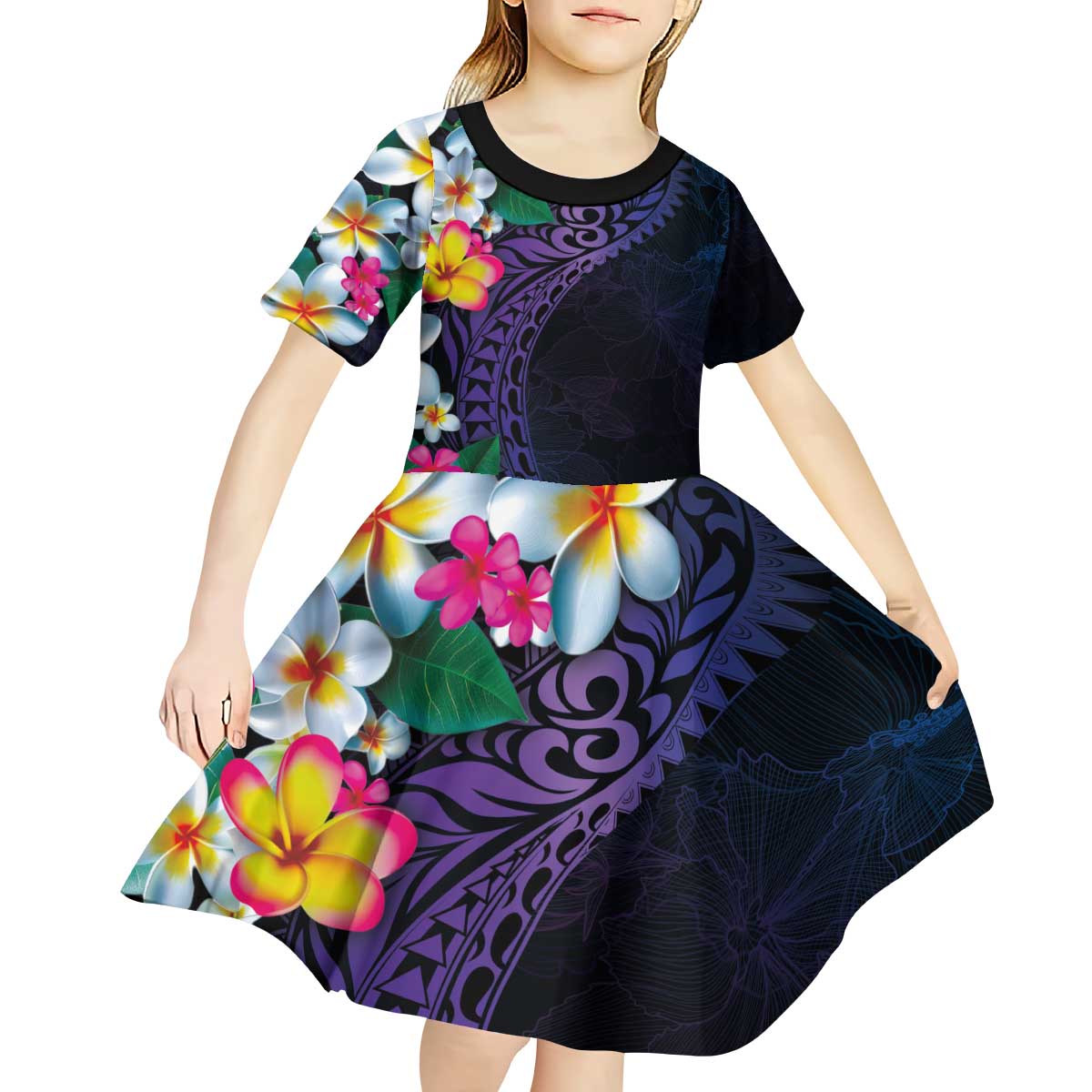 Hawaiian Plumeria-Polynesian Art Tattoo Frosted Blue Violet Color Kid Short Sleeve Dress LT03 - Polynesian Pride
