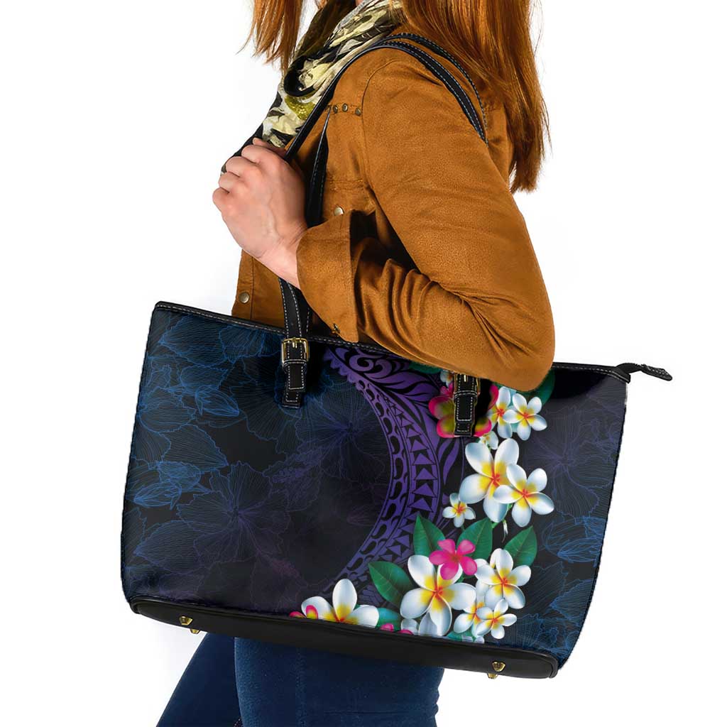 Hawaiian Plumeria-Polynesian Art Tattoo Frosted Blue Violet Color Leather Tote Bag LT03 Blue - Polynesian Pride
