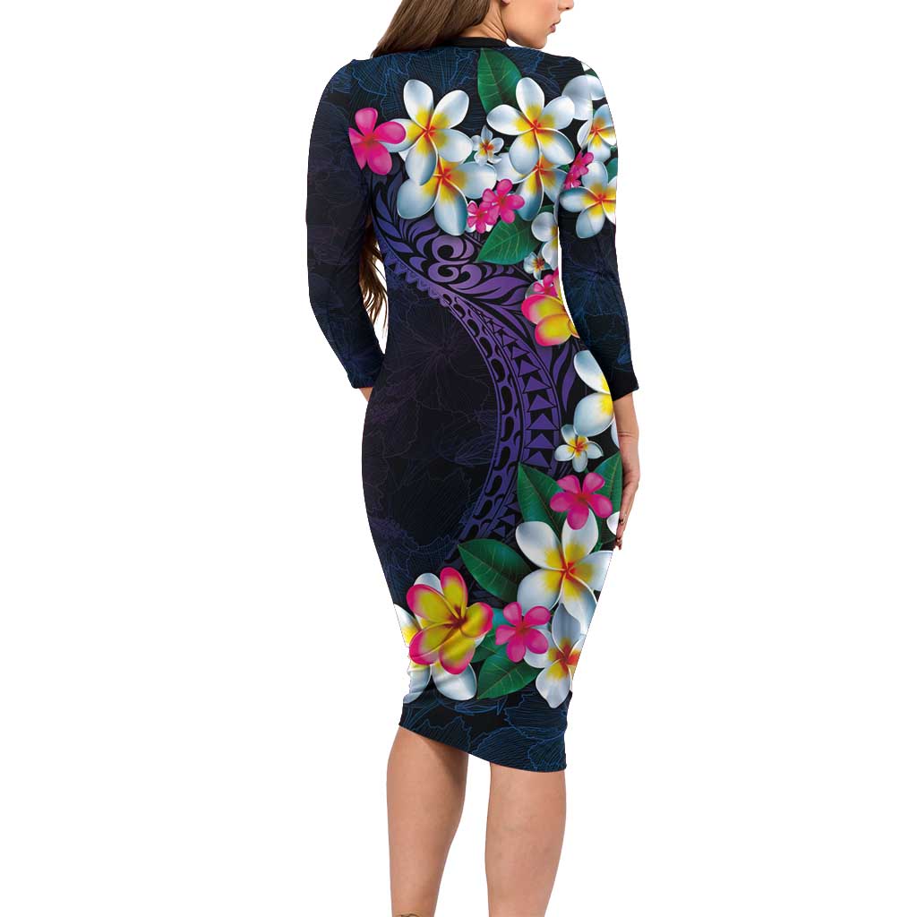 Hawaiian Plumeria-Polynesian Art Tattoo Frosted Blue Violet Color Long Sleeve Bodycon Dress LT03 - Polynesian Pride