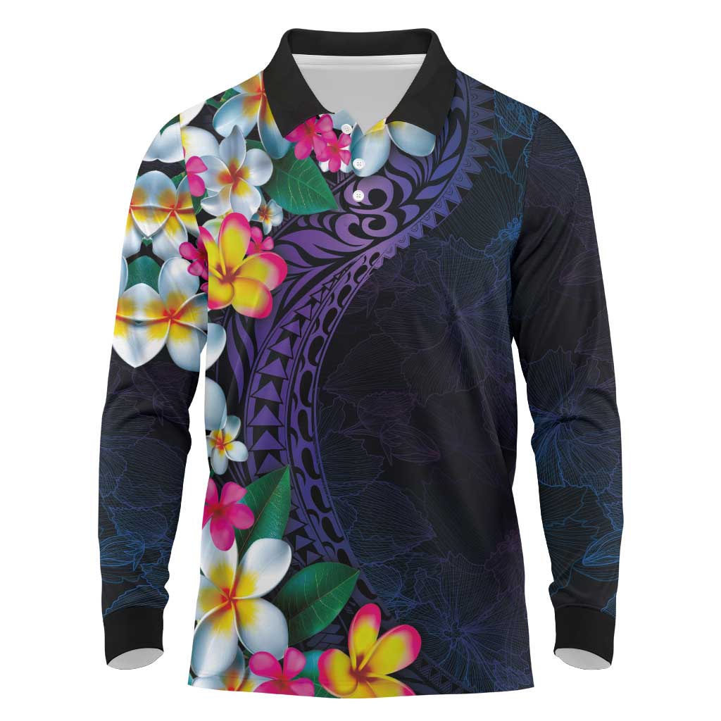 Hawaiian Plumeria-Polynesian Art Tattoo Frosted Blue Violet Color Long Sleeve Polo Shirt LT03 Blue - Polynesian Pride
