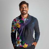 Hawaiian Plumeria-Polynesian Art Tattoo Frosted Blue Violet Color Long Sleeve Polo Shirt LT03 - Polynesian Pride