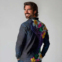 Hawaiian Plumeria-Polynesian Art Tattoo Frosted Blue Violet Color Long Sleeve Polo Shirt LT03 - Polynesian Pride