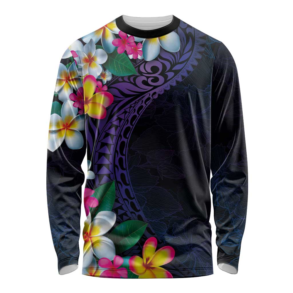 Hawaiian Plumeria-Polynesian Art Tattoo Frosted Blue Violet Color Long Sleeve Shirt LT03 Unisex Blue - Polynesian Pride