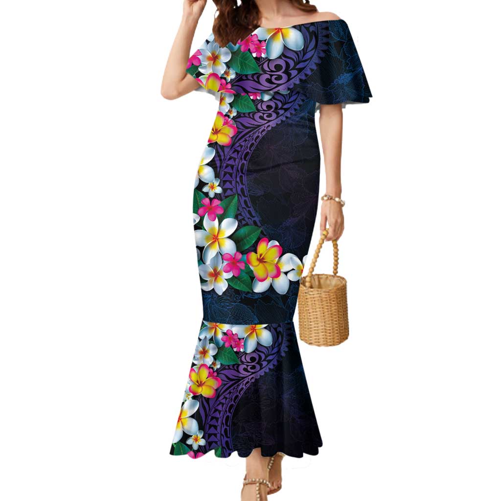 Hawaiian Plumeria-Polynesian Art Tattoo Frosted Blue Violet Color Mermaid Dress LT03 Women Blue - Polynesian Pride