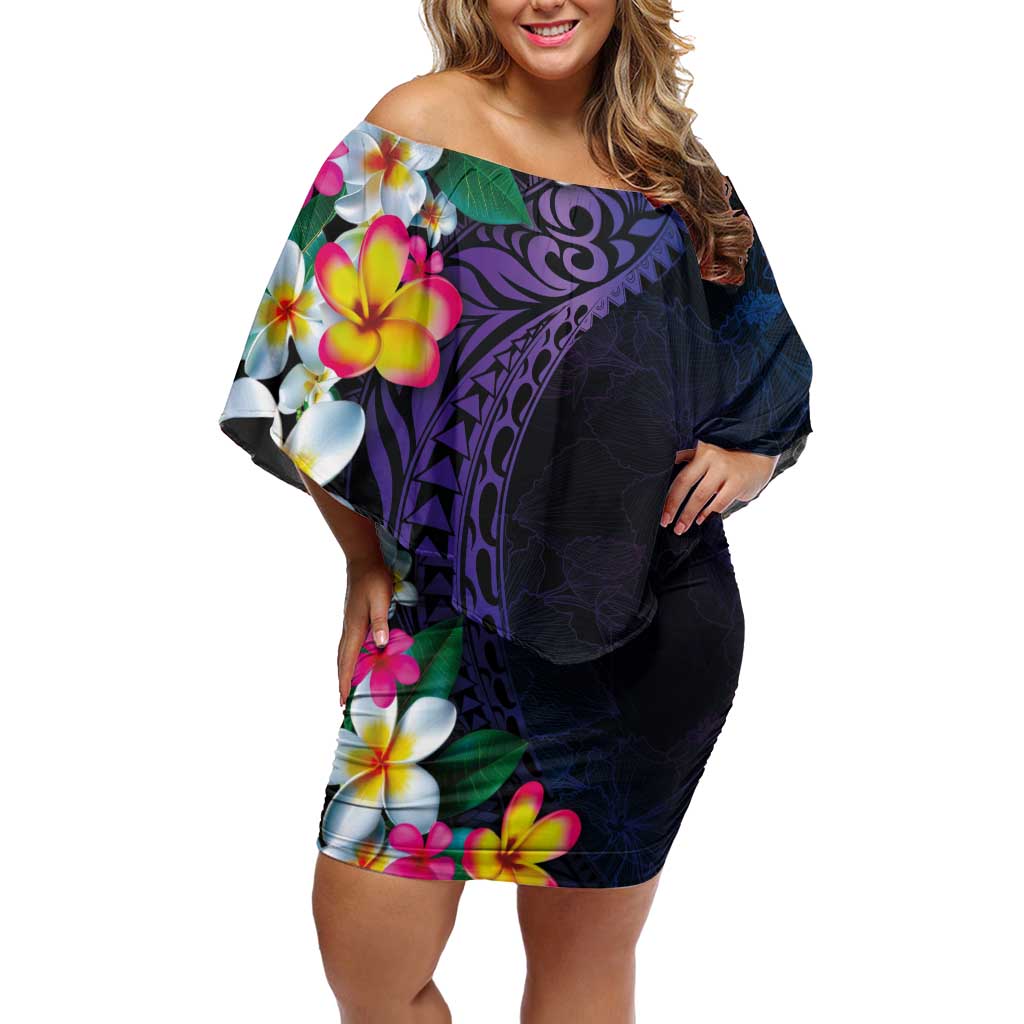 Hawaiian Plumeria-Polynesian Art Tattoo Frosted Blue Violet Color Off Shoulder Short Dress LT03 Women Blue - Polynesian Pride
