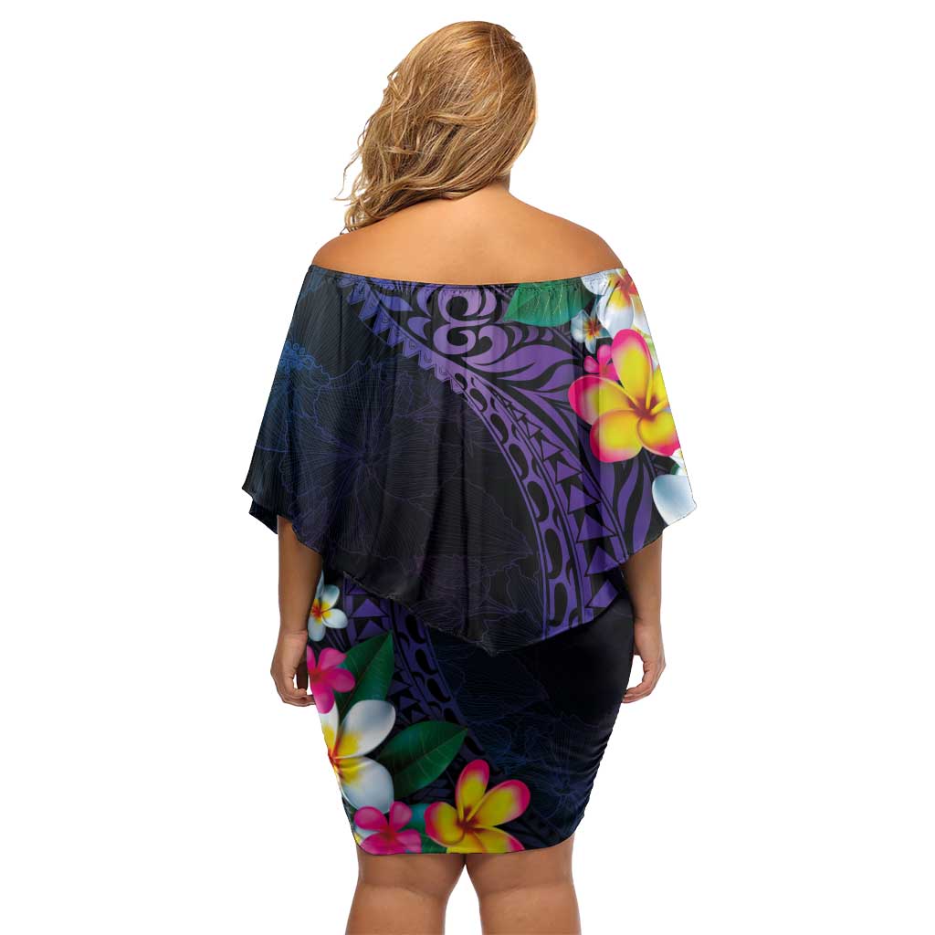 Hawaiian Plumeria-Polynesian Art Tattoo Frosted Blue Violet Color Off Shoulder Short Dress LT03 - Polynesian Pride
