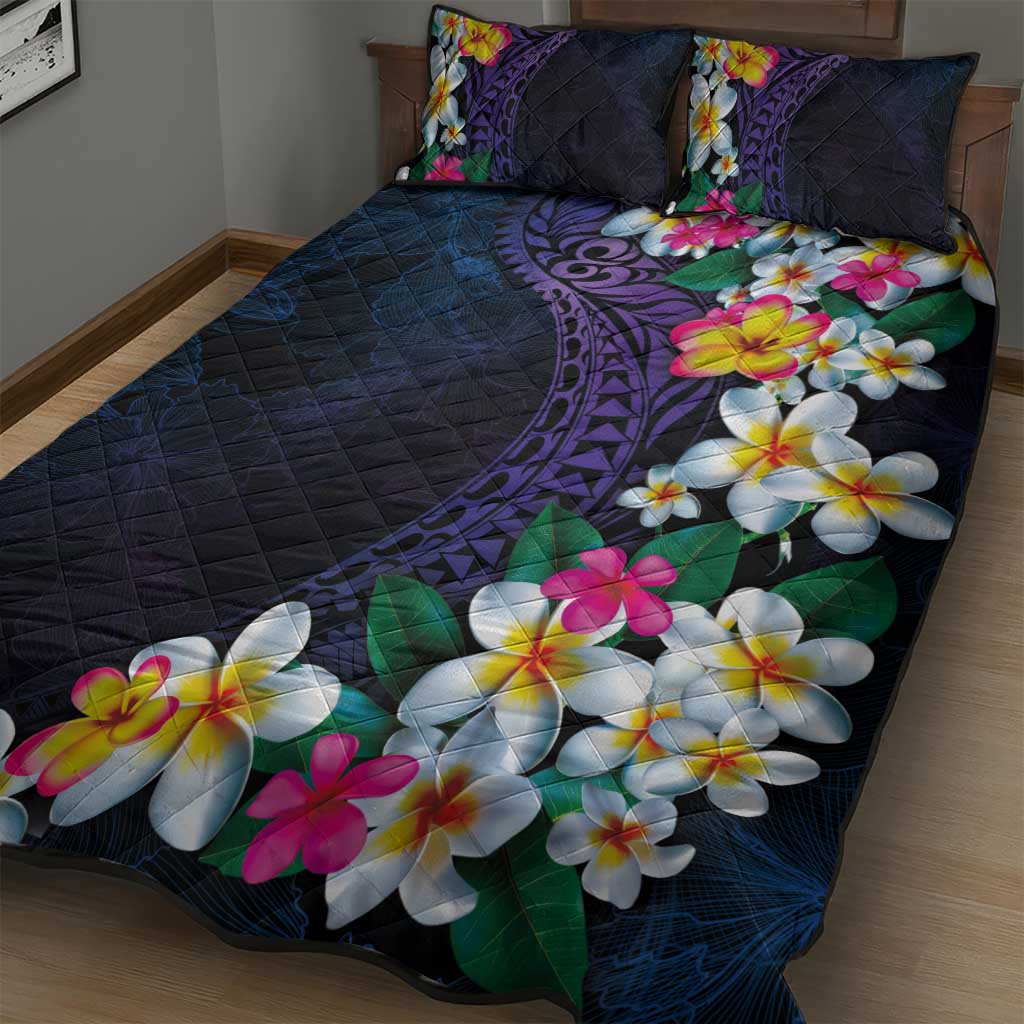 Hawaiian Plumeria-Polynesian Art Tattoo Frosted Blue Violet Color Quilt Bed Set