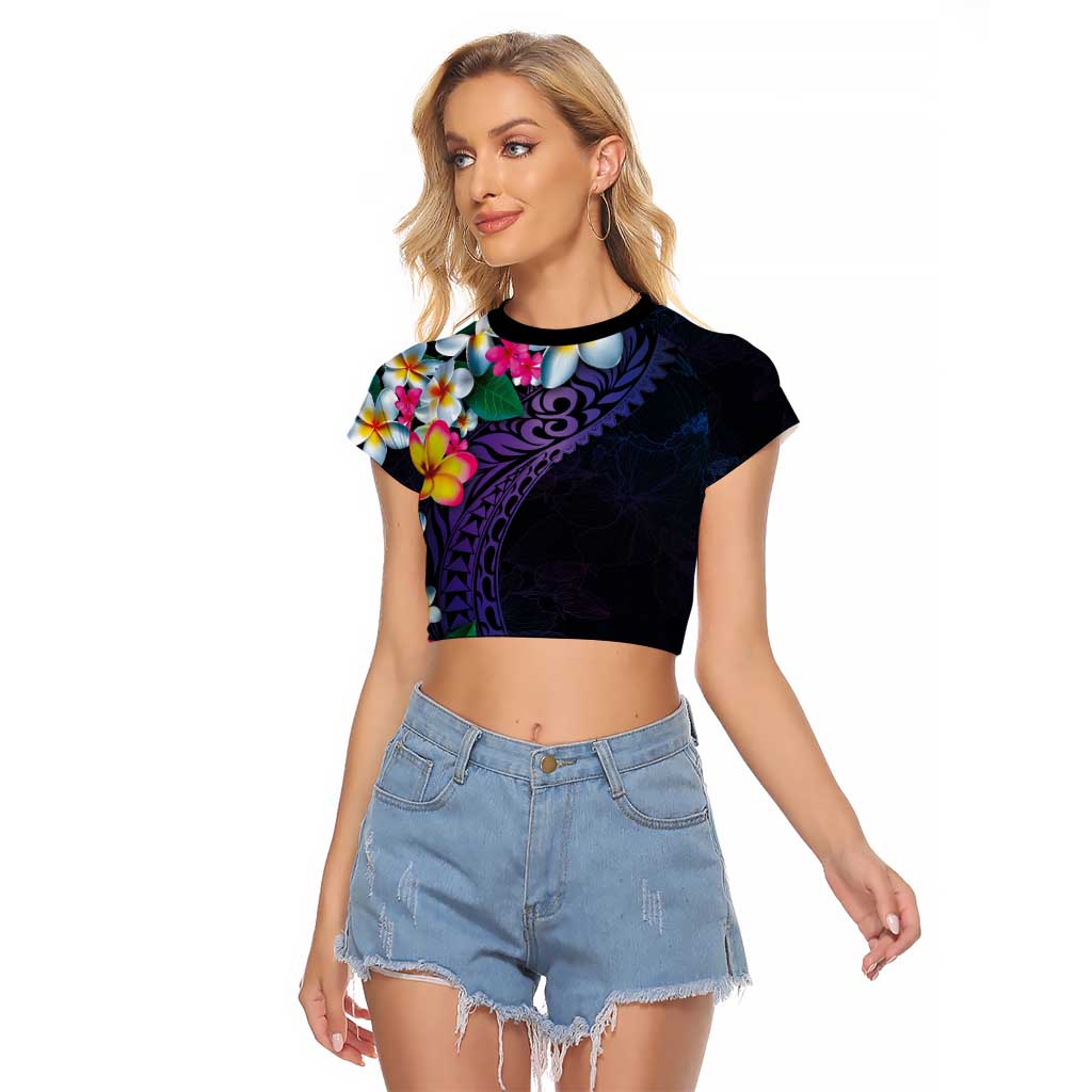 Hawaiian Plumeria-Polynesian Art Tattoo Frosted Blue Violet Color Raglan Cropped T Shirt LT03 Female Blue - Polynesian Pride