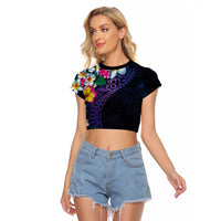 Hawaiian Plumeria-Polynesian Art Tattoo Frosted Blue Violet Color Raglan Cropped T Shirt LT03 Female Blue - Polynesian Pride