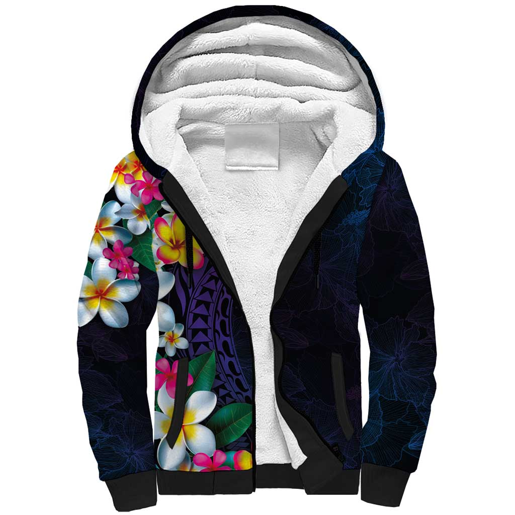 Hawaiian Plumeria-Polynesian Art Tattoo Frosted Blue Violet Color Sherpa Hoodie LT03 Unisex Blue - Polynesian Pride