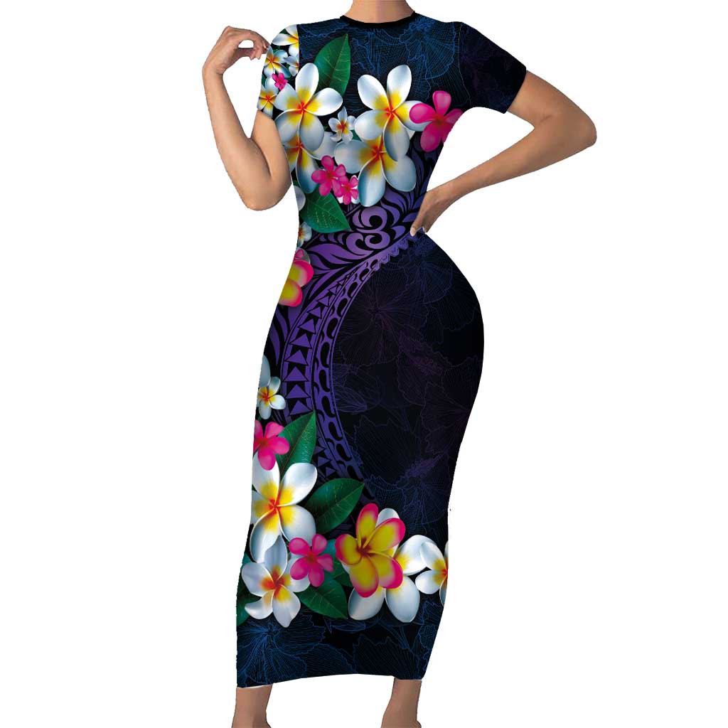 Hawaiian Plumeria-Polynesian Art Tattoo Frosted Blue Violet Color Short Sleeve Bodycon Dress LT03 Long Dress Blue - Polynesian Pride