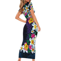 Hawaiian Plumeria-Polynesian Art Tattoo Frosted Blue Violet Color Short Sleeve Bodycon Dress LT03 - Polynesian Pride