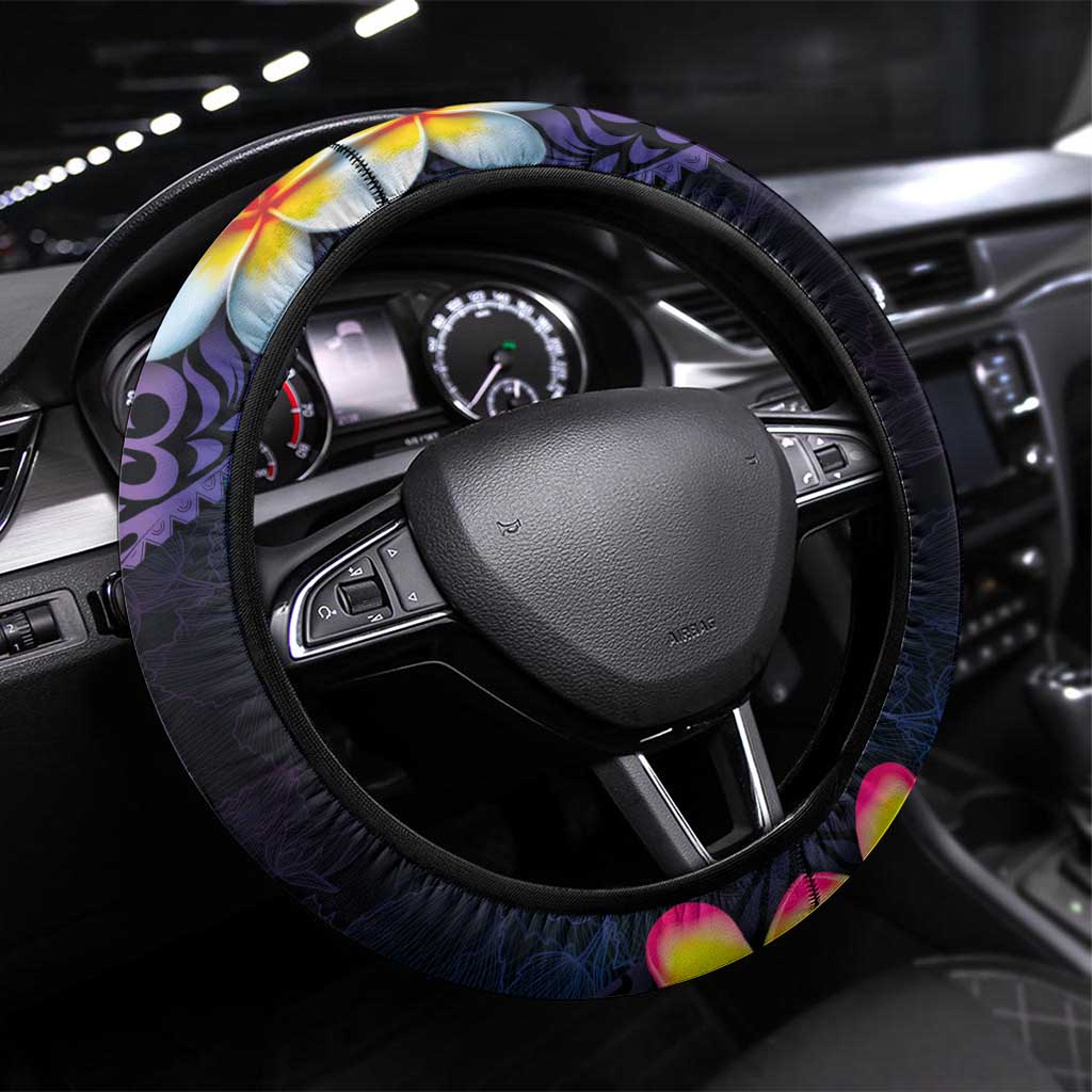Hawaiian Plumeria-Polynesian Art Tattoo Frosted Blue Violet Color Steering Wheel Cover LT03 Universal Fit Blue - Polynesian Pride
