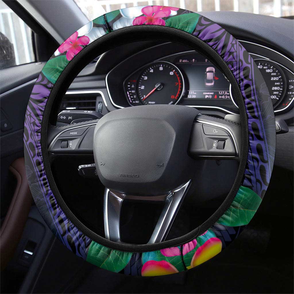 Hawaiian Plumeria-Polynesian Art Tattoo Frosted Blue Violet Color Steering Wheel Cover LT03 - Polynesian Pride