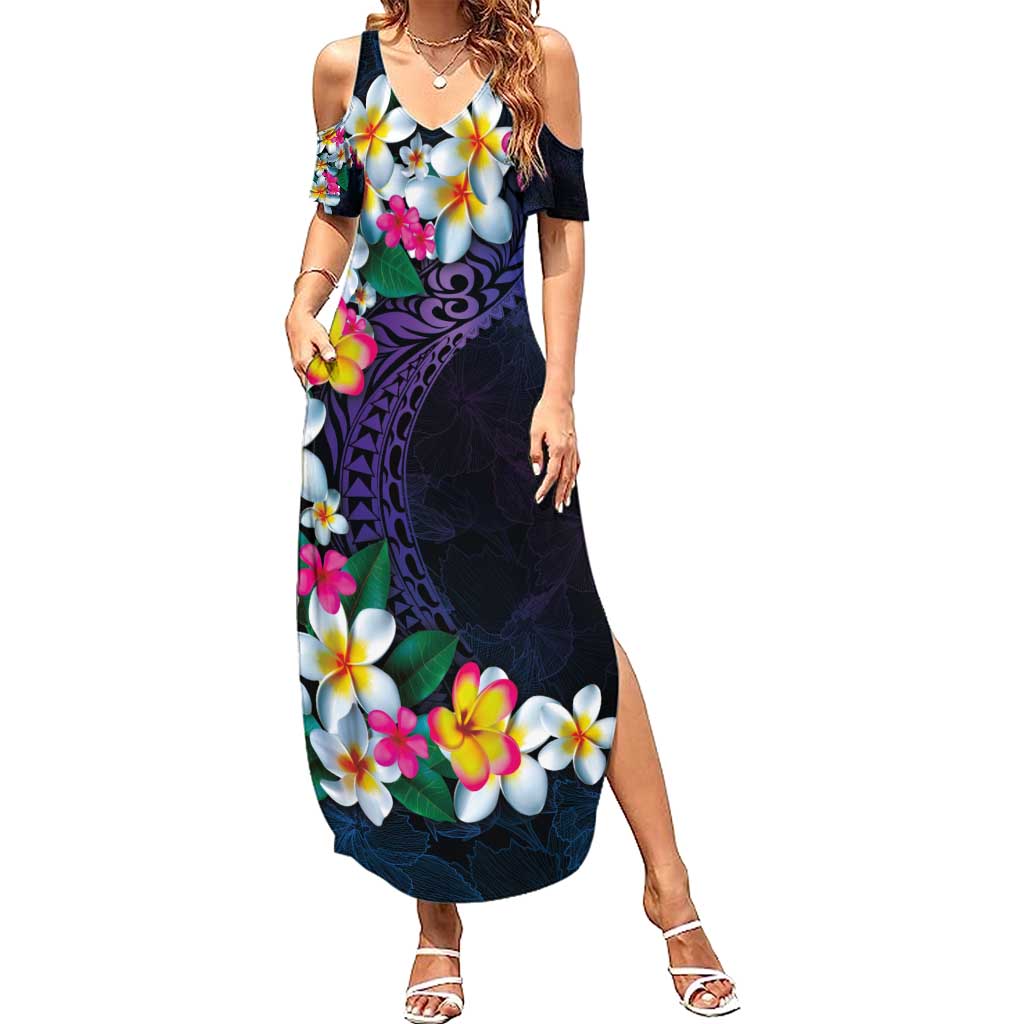Hawaiian Plumeria-Polynesian Art Tattoo Frosted Blue Violet Color Summer Maxi Dress