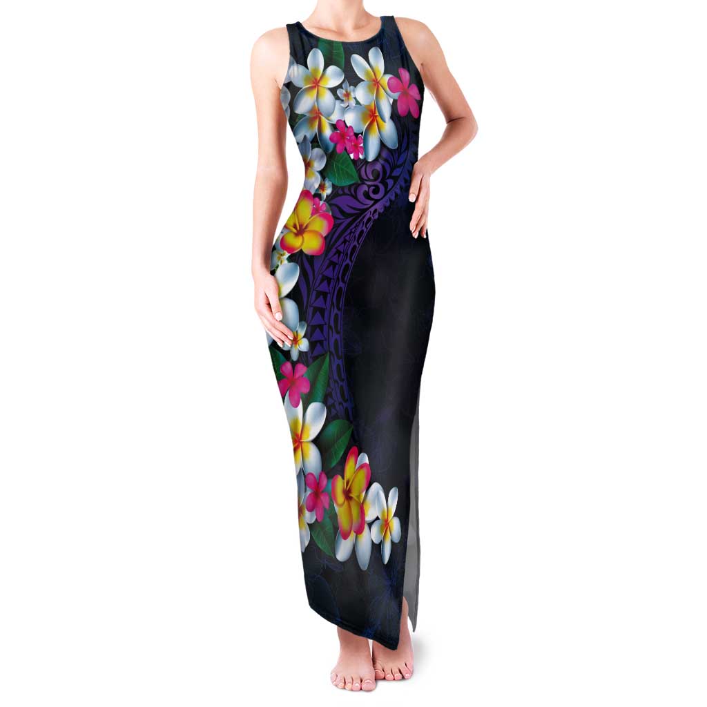 Hawaiian Plumeria-Polynesian Art Tattoo Frosted Blue Violet Color Tank Maxi Dress LT03 Women Blue - Polynesian Pride