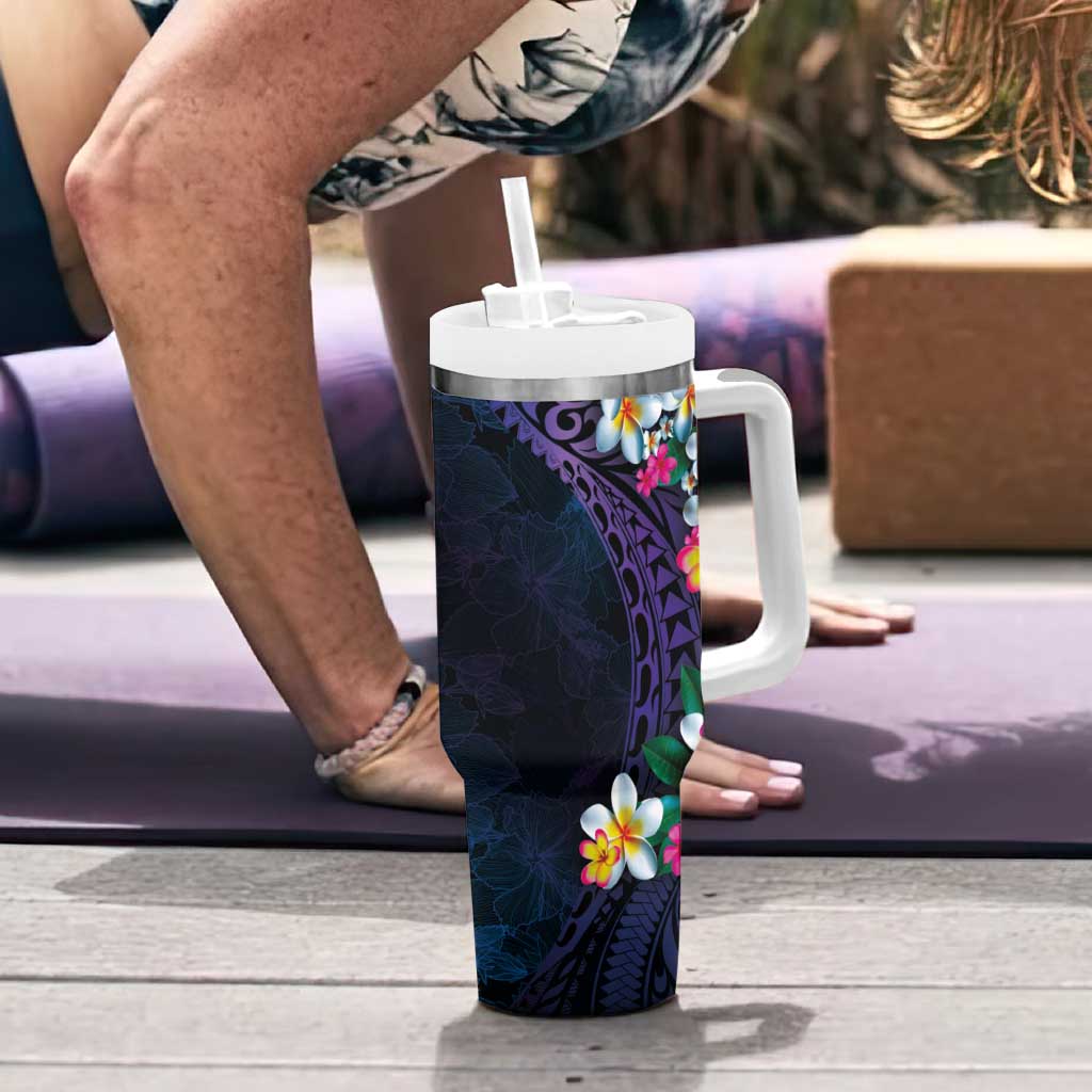 Hawaiian Plumeria-Polynesian Art Tattoo Frosted Blue Violet Color Tumbler With Handle LT03 - Polynesian Pride