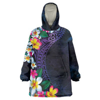 Hawaiian Plumeria-Polynesian Art Tattoo Frosted Blue Violet Color Wearable Blanket Hoodie LT03 One Size Blue - Polynesian Pride