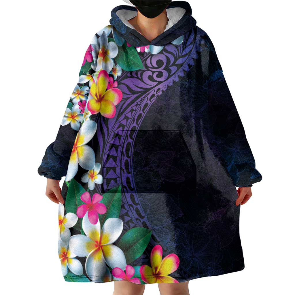 Hawaiian Plumeria-Polynesian Art Tattoo Frosted Blue Violet Color Wearable Blanket Hoodie LT03 - Polynesian Pride