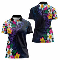 Hawaiian Plumeria-Polynesian Art Tattoo Frosted Blue Violet Color Women Polo Shirt