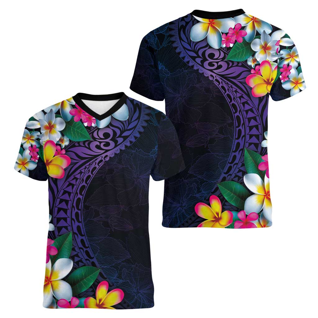 Hawaiian Plumeria-Polynesian Art Tattoo Frosted Blue Violet Color Women V-Neck T-Shirt LT03 - Polynesian Pride