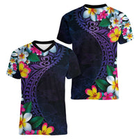 Hawaiian Plumeria-Polynesian Art Tattoo Frosted Blue Violet Color Women V-Neck T-Shirt LT03 - Polynesian Pride