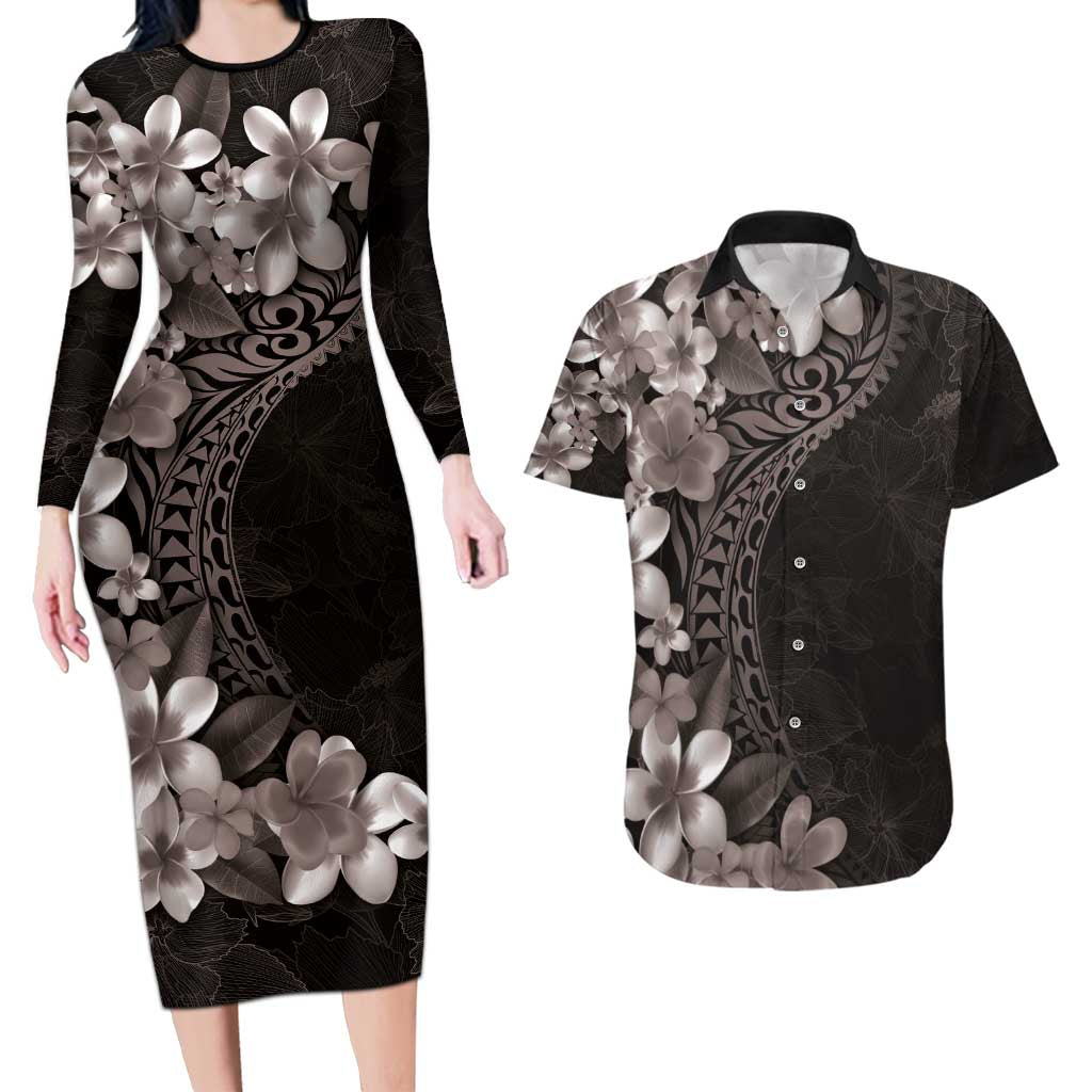 Hawaiian Plumeria-Polynesian Art Tattoo Grayscale Color Couples Matching Long Sleeve Bodycon Dress and Hawaiian Shirt LT03 Gray - Polynesian Pride