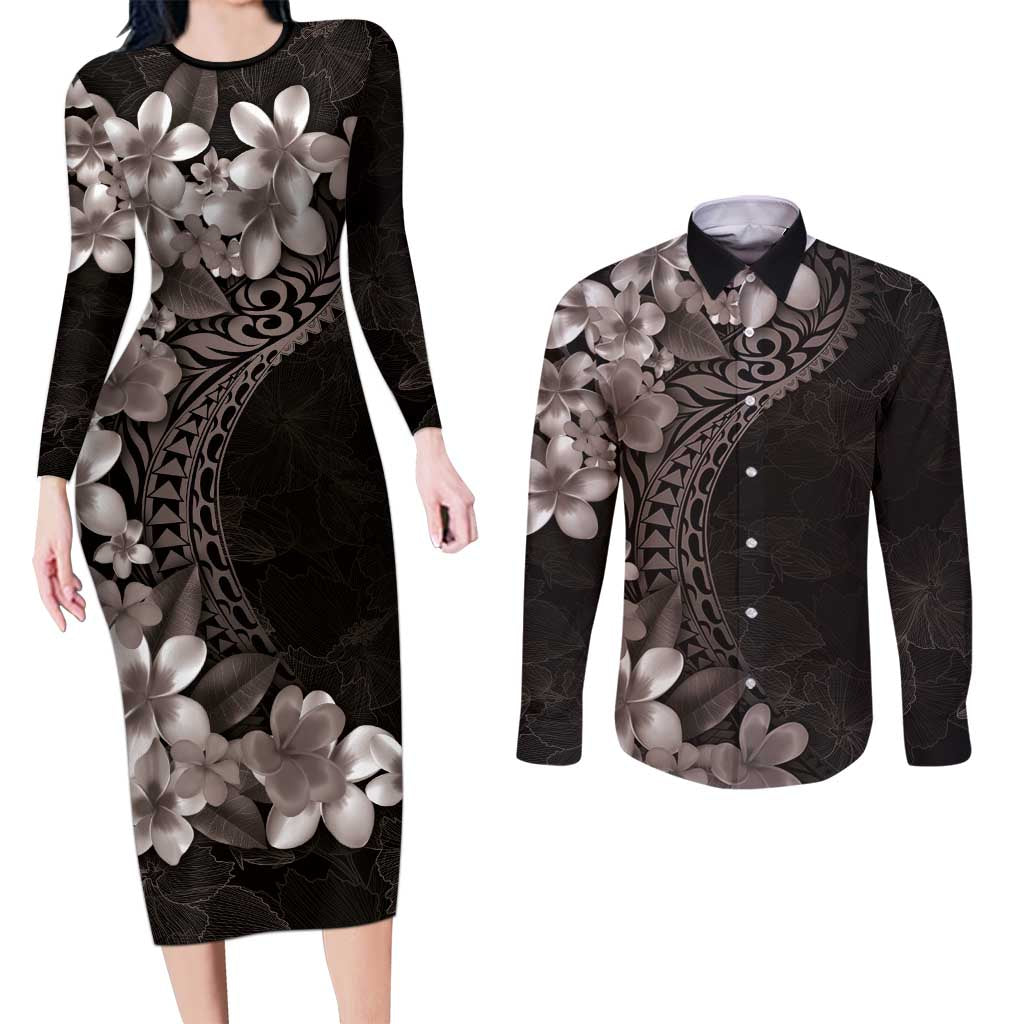 Hawaiian Plumeria-Polynesian Art Tattoo Grayscale Color Couples Matching Long Sleeve Bodycon Dress and Long Sleeve Button Shirt LT03 Gray - Polynesian Pride