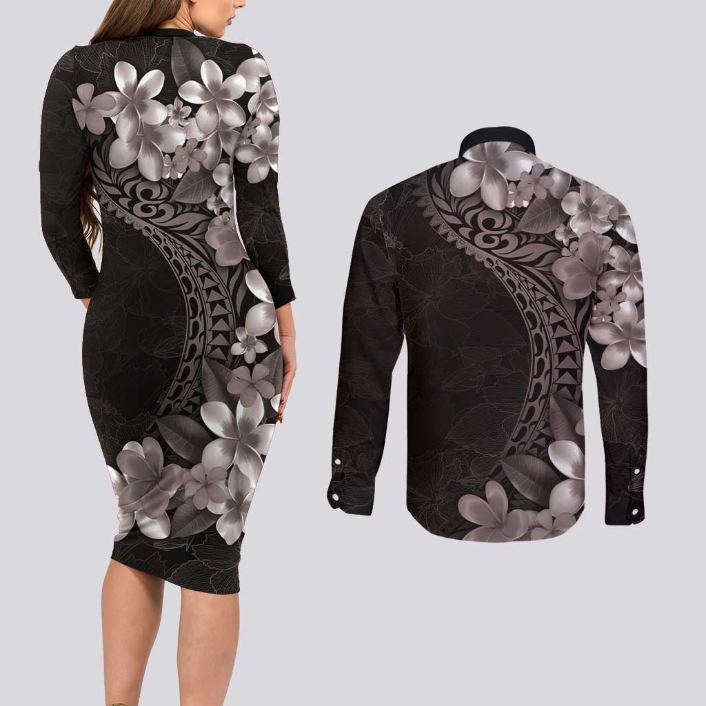 Hawaiian Plumeria-Polynesian Art Tattoo Grayscale Color Couples Matching Long Sleeve Bodycon Dress and Long Sleeve Button Shirt LT03 - Polynesian Pride