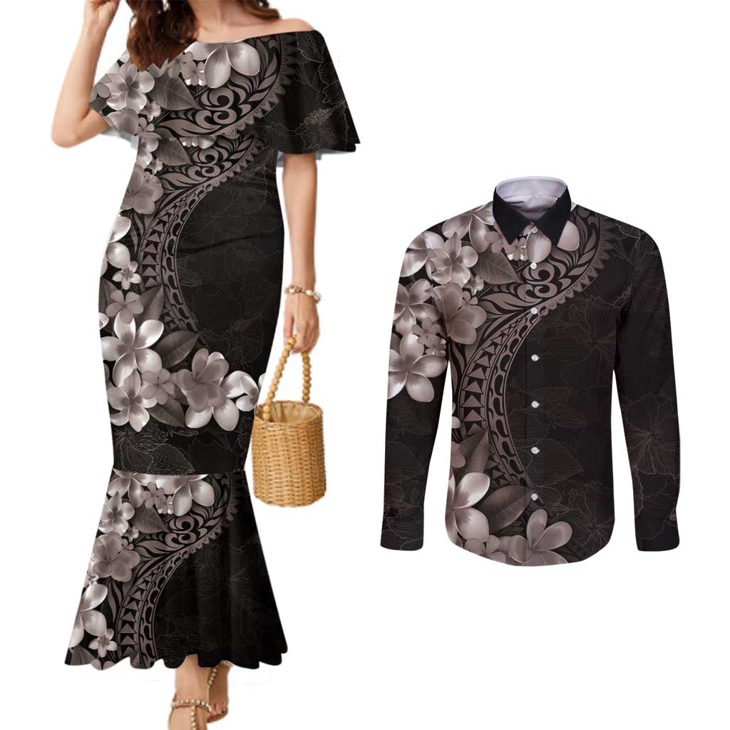 Hawaiian Plumeria-Polynesian Art Tattoo Grayscale Color Couples Matching Mermaid Dress and Long Sleeve Button Shirt LT03 Gray - Polynesian Pride