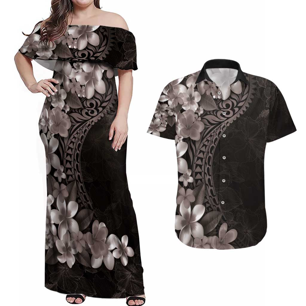 Hawaiian Plumeria-Polynesian Art Tattoo Grayscale Color Couples Matching Off Shoulder Maxi Dress and Hawaiian Shirt LT03 Gray - Polynesian Pride