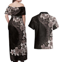 Hawaiian Plumeria-Polynesian Art Tattoo Grayscale Color Couples Matching Off Shoulder Maxi Dress and Hawaiian Shirt LT03 - Polynesian Pride