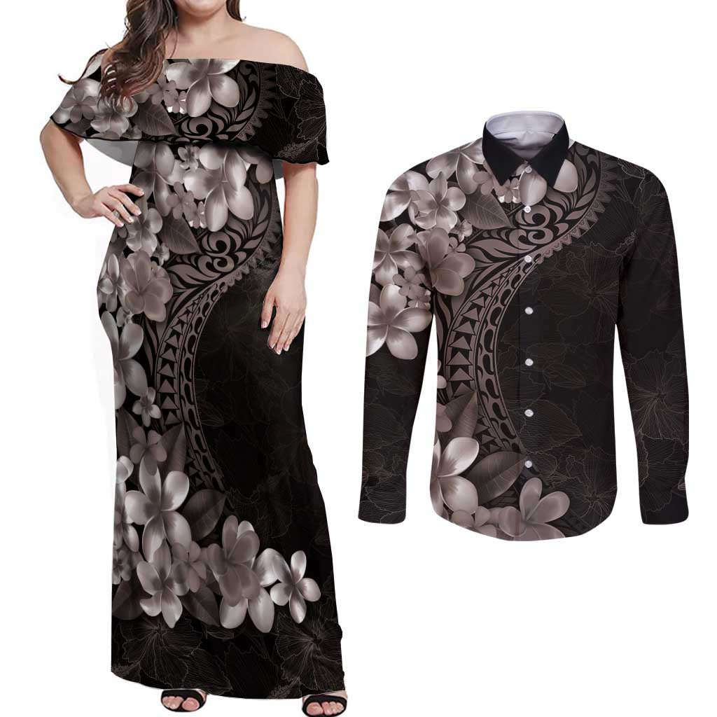 Hawaiian Plumeria-Polynesian Art Tattoo Grayscale Color Couples Matching Off Shoulder Maxi Dress and Long Sleeve Button Shirt LT03 Gray - Polynesian Pride