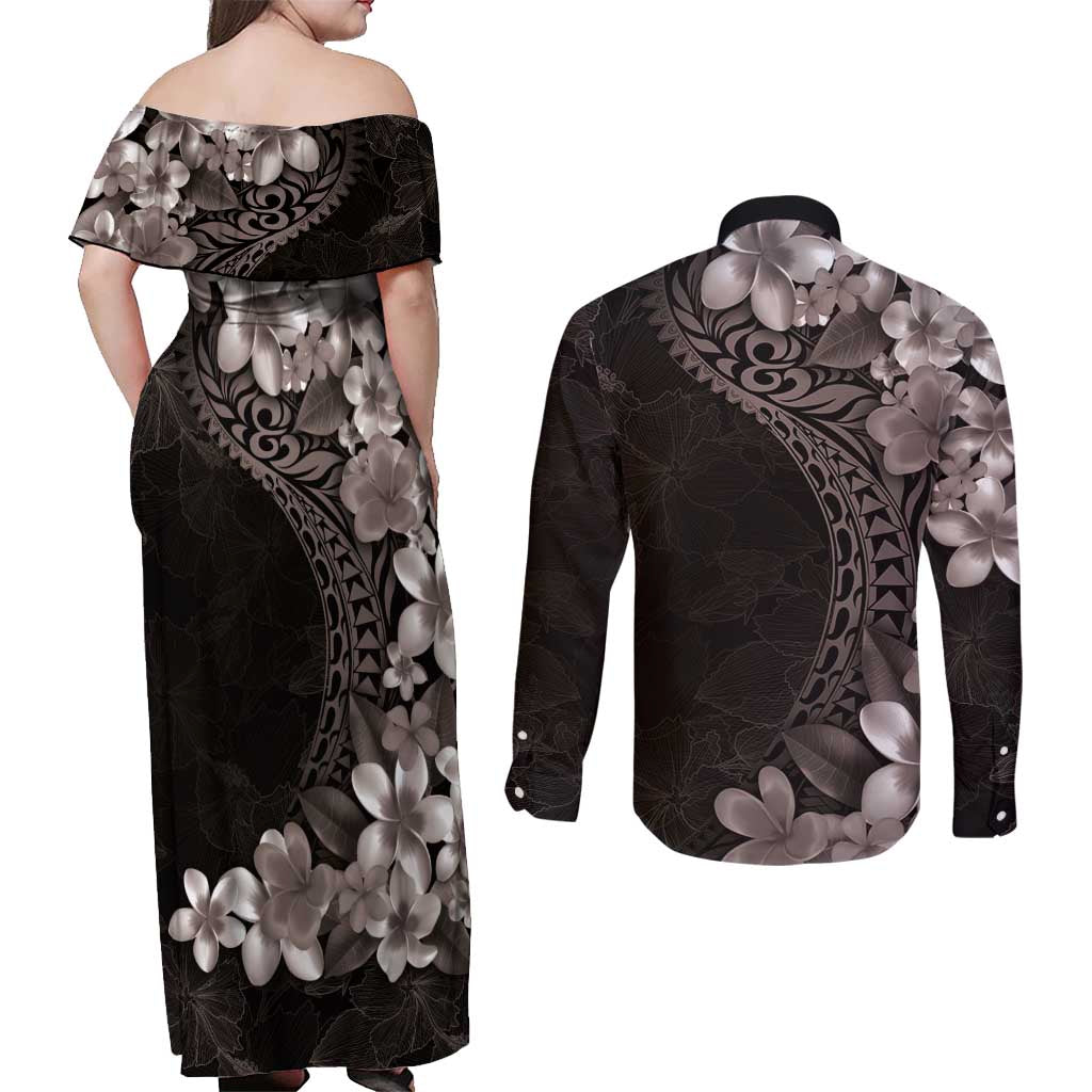 Hawaiian Plumeria-Polynesian Art Tattoo Grayscale Color Couples Matching Off Shoulder Maxi Dress and Long Sleeve Button Shirt LT03 - Polynesian Pride
