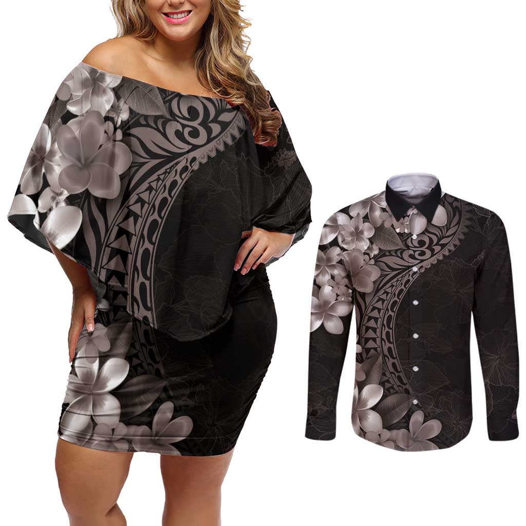 Hawaiian Plumeria-Polynesian Art Tattoo Grayscale Color Couples Matching Off Shoulder Short Dress and Long Sleeve Button Shirt LT03 Gray - Polynesian Pride