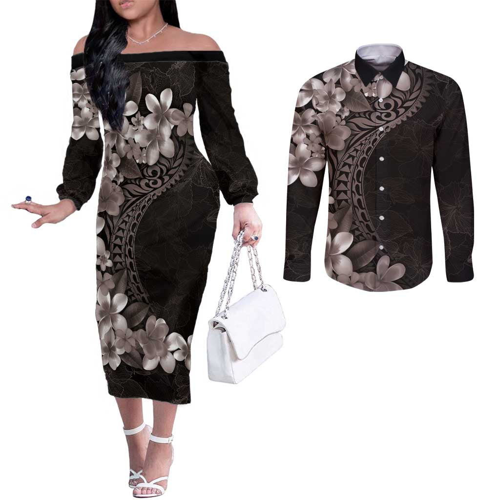 Hawaiian Plumeria-Polynesian Art Tattoo Grayscale Color Couples Matching Off The Shoulder Long Sleeve Dress and Long Sleeve Button Shirt LT03 Gray - Polynesian Pride