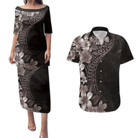 Hawaiian Plumeria-Polynesian Art Tattoo Grayscale Color Couples Matching Puletasi and Hawaiian Shirt LT03 Gray - Polynesian Pride