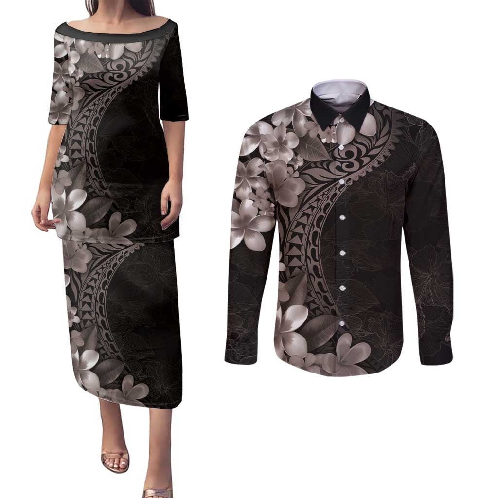 Hawaiian Plumeria-Polynesian Art Tattoo Grayscale Color Couples Matching Puletasi and Long Sleeve Button Shirt LT03 Gray - Polynesian Pride