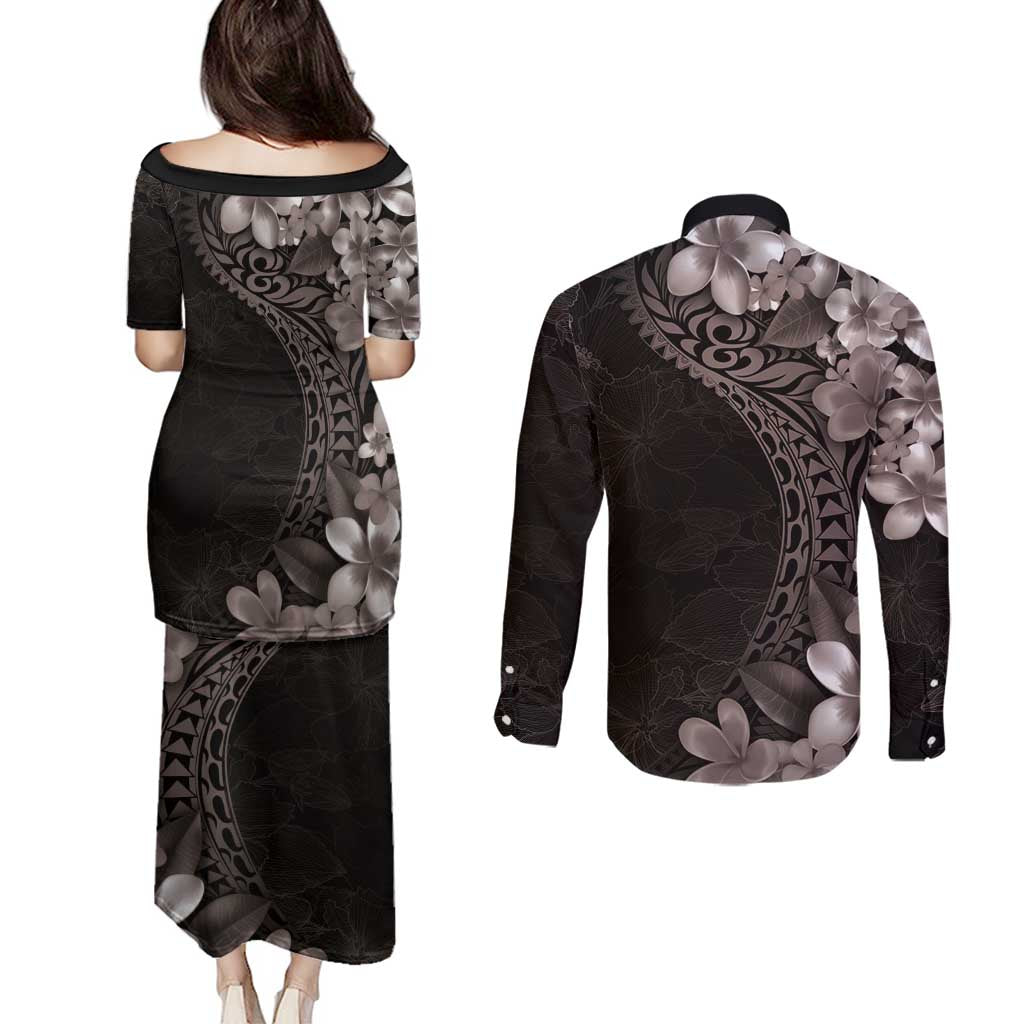Hawaiian Plumeria-Polynesian Art Tattoo Grayscale Color Couples Matching Puletasi and Long Sleeve Button Shirt LT03 - Polynesian Pride