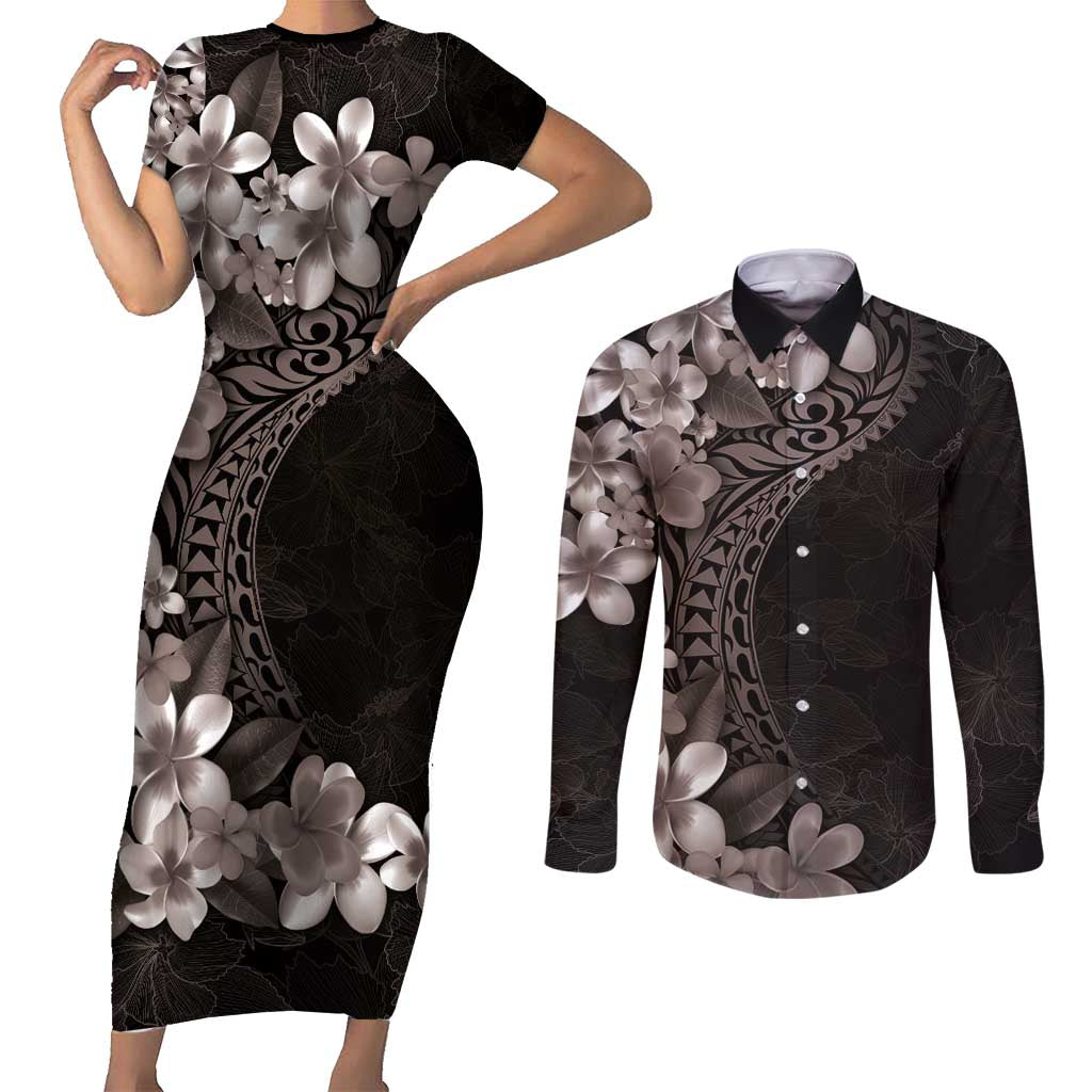 Hawaiian Plumeria-Polynesian Art Tattoo Grayscale Color Couples Matching Short Sleeve Bodycon Dress and Long Sleeve Button Shirt LT03 Gray - Polynesian Pride