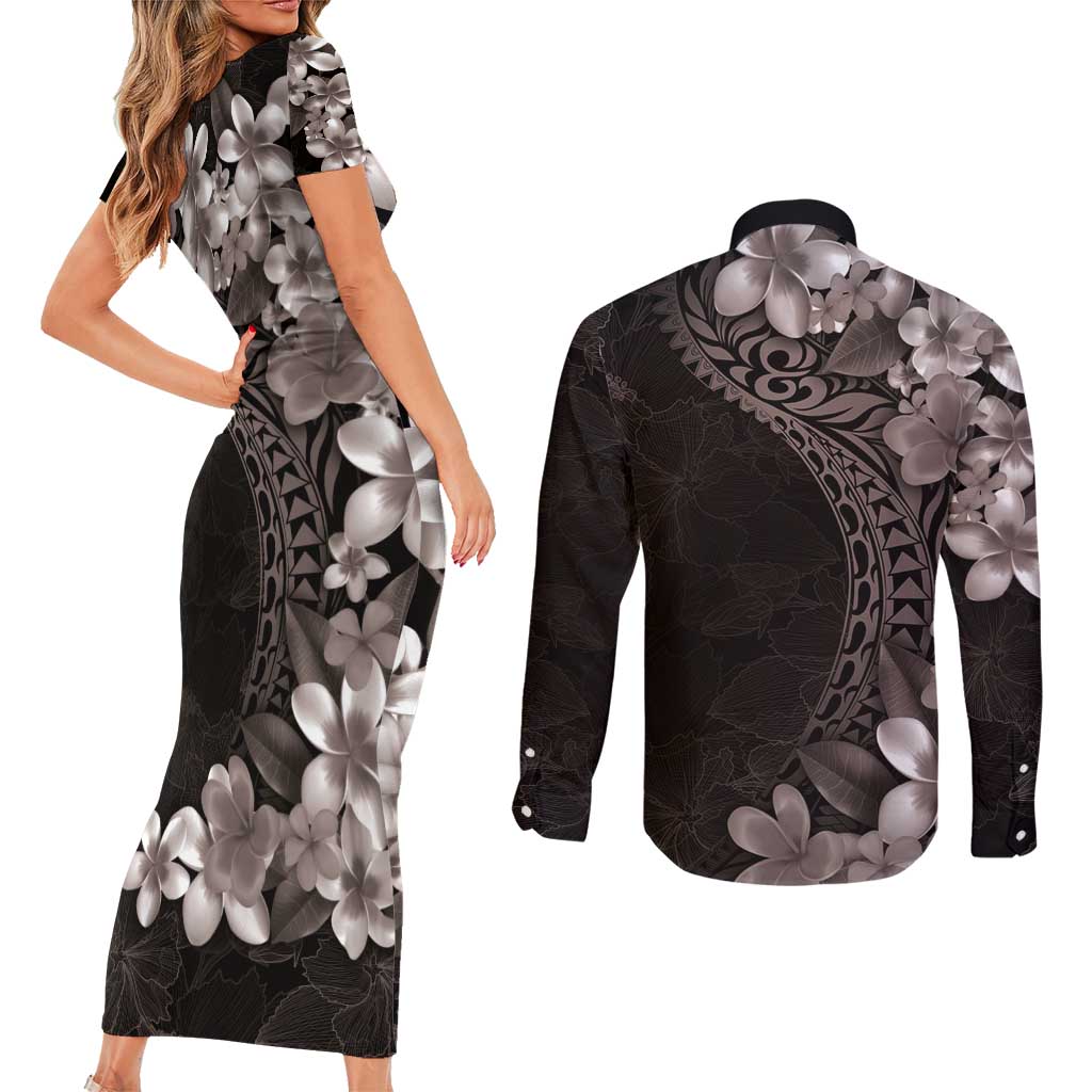 Hawaiian Plumeria-Polynesian Art Tattoo Grayscale Color Couples Matching Short Sleeve Bodycon Dress and Long Sleeve Button Shirt LT03 - Polynesian Pride