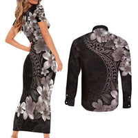 Hawaiian Plumeria-Polynesian Art Tattoo Grayscale Color Couples Matching Short Sleeve Bodycon Dress and Long Sleeve Button Shirt LT03 - Polynesian Pride