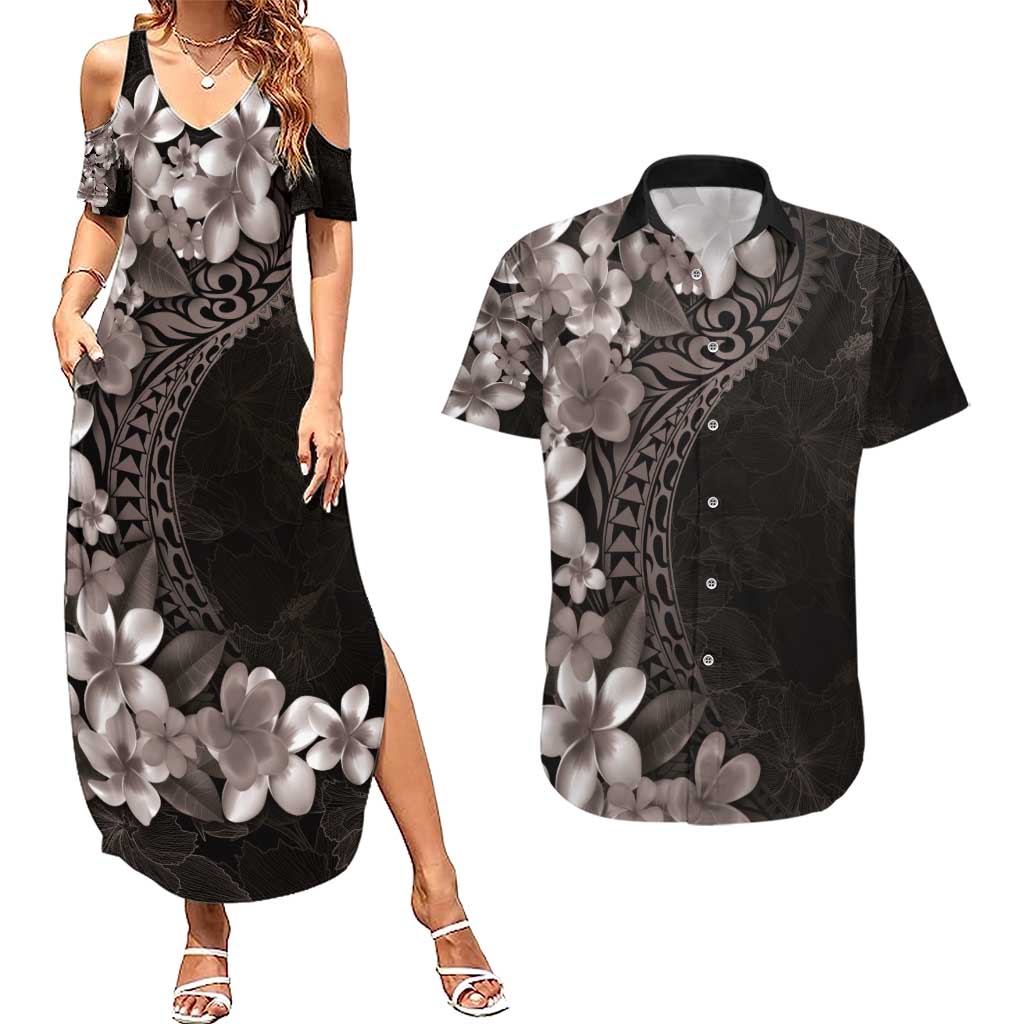 Hawaiian Plumeria-Polynesian Art Tattoo Grayscale Color Couples Matching Summer Maxi Dress and Hawaiian Shirt LT03 Gray - Polynesian Pride