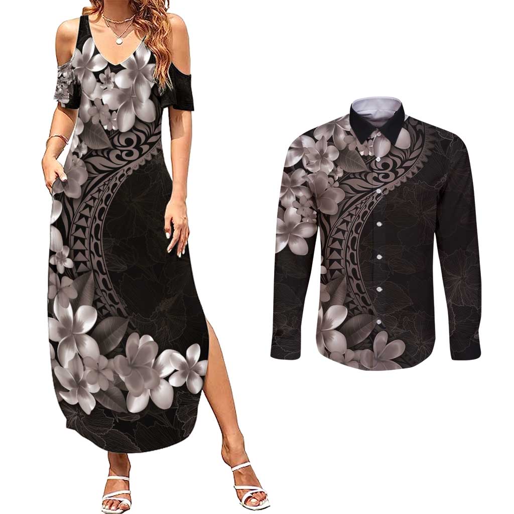 Hawaiian Plumeria-Polynesian Art Tattoo Grayscale Color Couples Matching Summer Maxi Dress and Long Sleeve Button Shirt LT03 Gray - Polynesian Pride